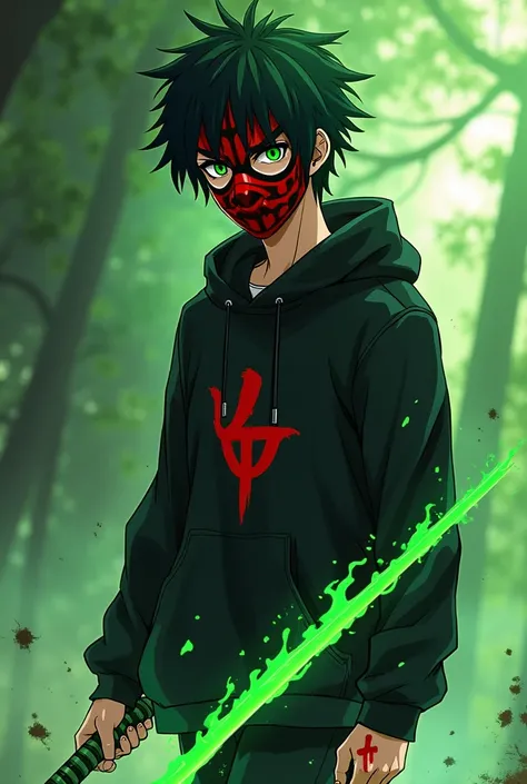 Create the image of a young man in the format of an anime Seinen wearing a red and black sucubu mask, a green-black hair wearing a black sweatshirt, walking with a flaming green sword and writing Kyoto in Strange on top of it with a green blood effect 