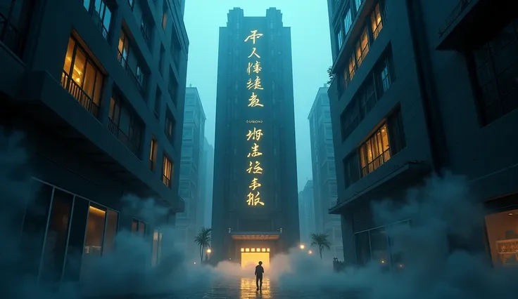 Movie poster design, in the alley, I saw a Chinese-style hotel with a sense of modernity and magic. It has a 15th floor. There is smoke around, and it is a cold dark blue color with some yellow light.