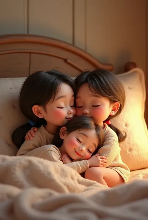 Three s (1 boy and 2 girls) snuggling on a bed in a 3d image