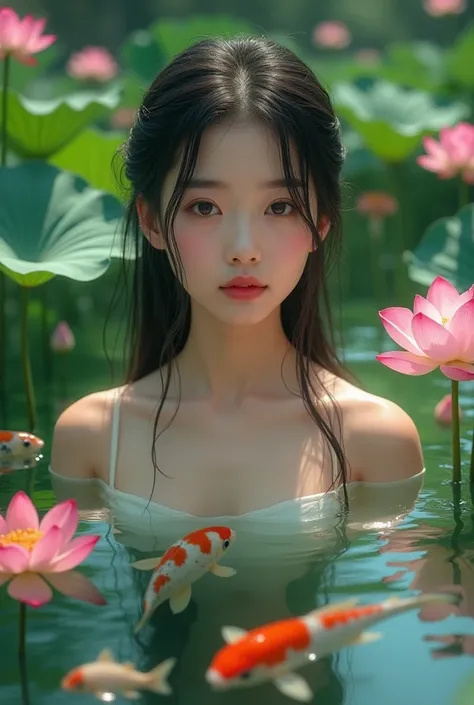 a korean girl inside lotus pond. only shoulder up appear. the lotus pond is full with blooming lotus and some koei fish with many colour.  her hair was soak. she wearing strapless dress