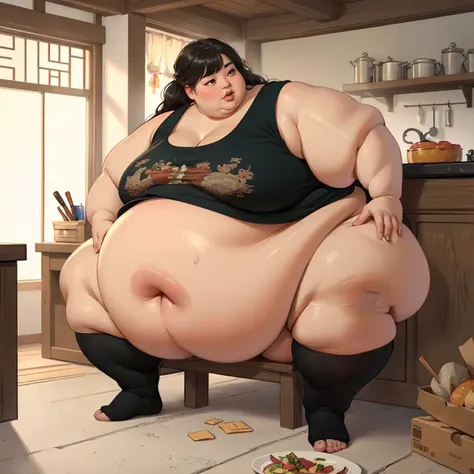 (Realistic:1.2), high aesthetic, beautiful young korean woman, (USSBBW, morbidly obese), fatblob, high aesthetic, surrounded by food, huge lips, guilty expression, house interior, sagging belly, tank top, full body