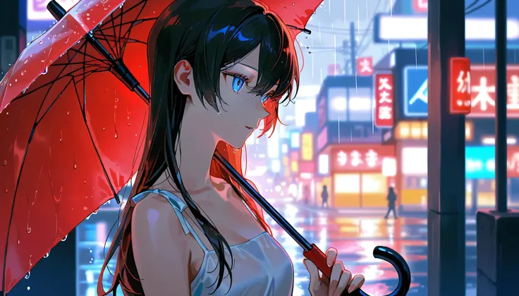 A woman with long black hair and blue eyes holding a red umbrella in the rain, a white shoulder strap dress, a night road