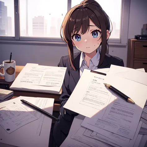 masterpiece, best quality, high resolution, anime style, cinematic lighting, detailed face, detailed hair, ultra-detailed eyes, expressive face, exhausted and overwhelmed expression, brown hair, ponytail, strands of hair falling out, sweat drops, slightly ...