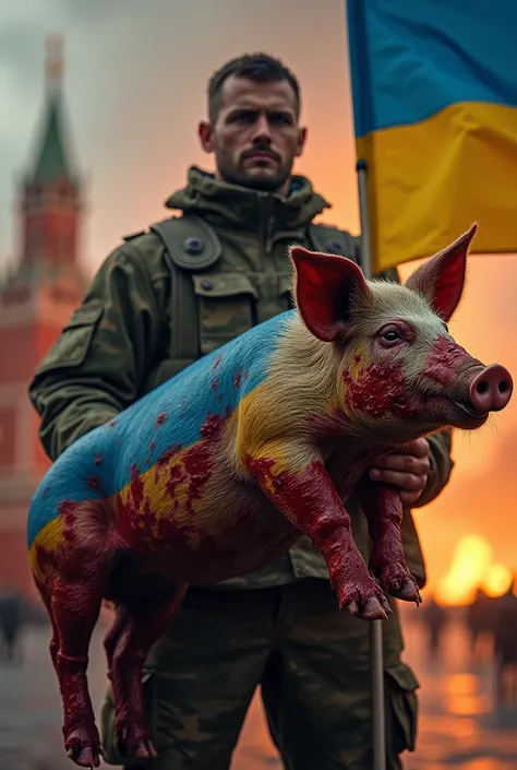 , a soldier of all Ukraine holds a bloody pig cut in the color of the tricolor, and against the background, the Kremlin is on fire 