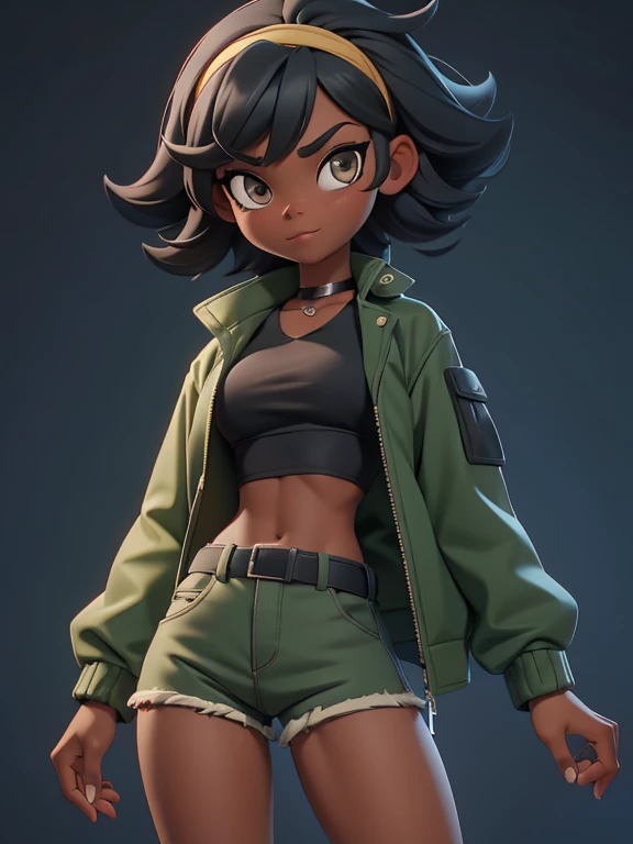 score_9, source_cartoon, 1girl, solo, black woman, gray eyes, medium black hair, hairband, opened green jacket, black tube top, tan shorts