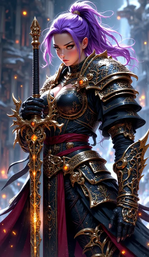 High Resolution, Details, White Woman, purple Hair, Ponytail, heroic Look, Young Eyes, draconic warrior armors, holding an imposing sword, sword decorated with runes, black particle effect, gold particles 