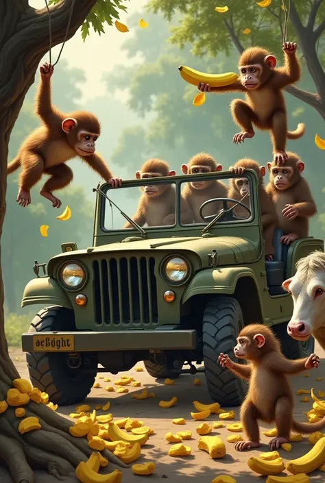 The monkeys are caught red-handed with banana peels all around.

Some are being taken into a military jeep, looking guilty or trying to escape.

One monkey is hanging from a tree with a banana in hand, surprised.

The cow watches in satisfaction as justice...