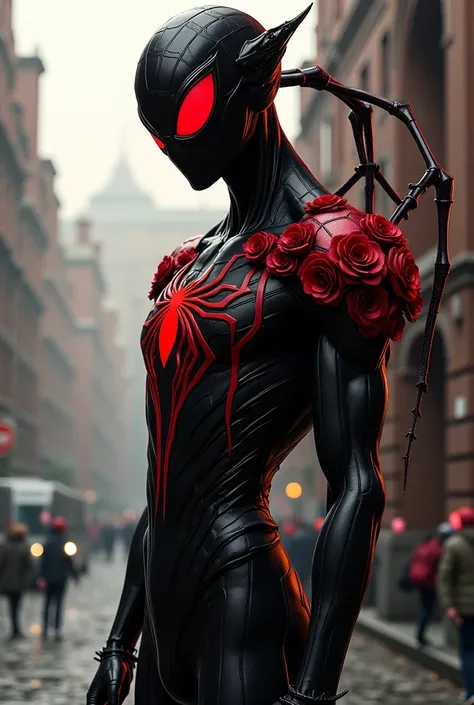 a realistic anime Spider hybrid Adult boy who was wearing is outfitted in a sophisticated ensemble featuring deep black and crimson hues, complemented by intricate rose motifs and a sleek mask 