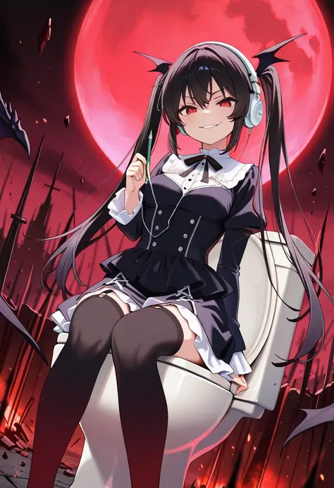 score_9,score_8_up,score_7_up,rating_safety,source_manga,masterpiece,best quality,hyper detailed,super fine illustration,8k,cinematic angle,front angle,BREAK 1girl,little,14yo,(black hair,twintail),(headphone:1.1),(red eyes),(evil smile),(holding_pencil),(...