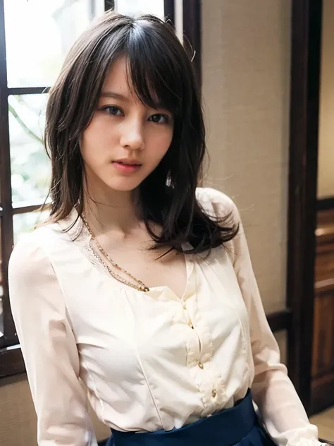 nsfw,one woman,(super tight skirt,lace blouse),whole body,(:1.8),cute face,bangs,from front,looking at viewer, indoor,hotel,high quality,photorealistic,masterpiece,highly detailed,japanese