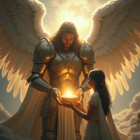 An strong warrior angel can not give a blessing from heaven in the form of a gift box to a woman, because she is scared to take it.