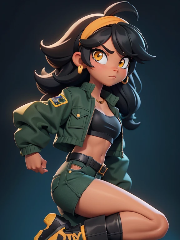 score_9, source_cartoon, 1girl, solo, black woman, amber eyes, medium black hair, hairband, opened green jacket, black tube top, tan shorts, black boots