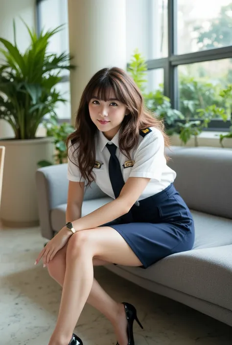 Sexy beautiful Japanese woman with glasses, a self defense officer uniform, wearing a white short-sleeved shirts, navy blue tie, navy blue pencil skirt, Black patent high heels, beautiful hip-line, Beautiful thighs, A low-angle shot of a confident woman se...