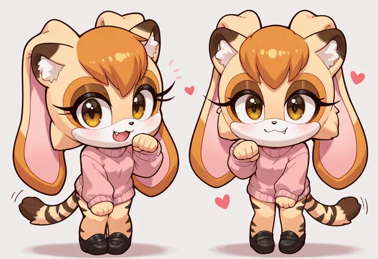 Vanilla The Rabbit.  Colorful ,  fluffy, heart, PAW Pose,   simple background,  smile, sweater,  tail, tiger ears , tiger  tail, black shoes,  hands on own thighs, :3, tiger girl,  looks at the viewer ,  white background, fang, chibi, animal ear ,  standin...