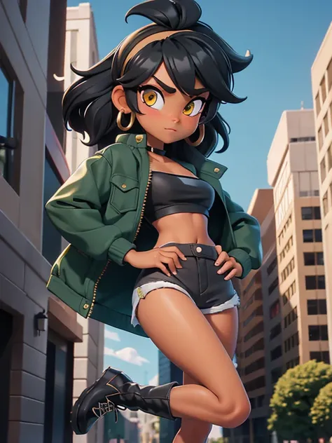 score_9, source_cartoon, 1girl, solo, black woman, amber eyes, medium black hair, hairband, opened green jacket, black tube top, tan shorts, black boots, outdoors, city streets 