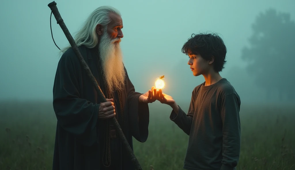 A mysterious, elderly man with a long, flowing beard and a staff, standing in a misty field. He holds a glowing, peculiar seed in his hand, offering it to Jack, who looks skeptical but intrigued. The atmosphere is mystical, with soft light and an air of wi...