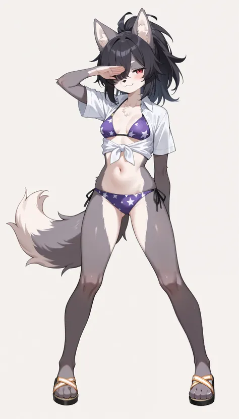 score_9, score_8_up, score_7_up, 1girl, solo, masterpiece, best quality, amazing quality, very aesthetic, absurdres, source furry, furry wolf, half closed eyes, red eyes, two tone body fur, grey body fur, white body fur, black hair, hair covering one eye, ...