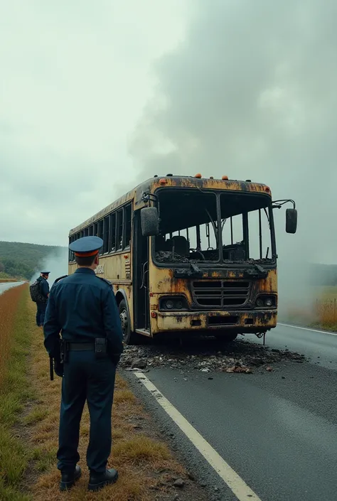 Genere moi une image d’un bus calciné de jour pose sur le bort de la route en campagne avec des policiers autour de ce bus . Ca doir etre ine image pour une une de journal