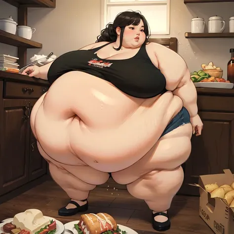 (Realistic:1.2), high aesthetic, beautiful young korean woman, (USSBBW, morbidly obese), fatblob, high aesthetic, surrounded by food, huge lips, guilty expression, house interior, sagging belly, tank top, full body