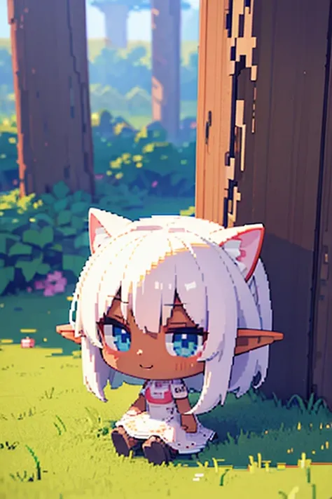 voxels,(3d big pixel art:1.2),(3d pixel art:1.2),solo,1girl\(elf,chibi,cute,kawaii,small ,hair floating,dark skin,breast,sitting on the tree,smirk\),(3d pixel art). BREAK .background\(simple,cute,dark,trees\)