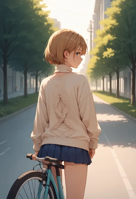 "A young woman is riding a bicycle, seen from behind. She is slightly turning her head to look back over her shoulder with a gentle and curious expression. She wears a loose, oversized sweater with a wide neckline that reveals part of her shoulders and upp...