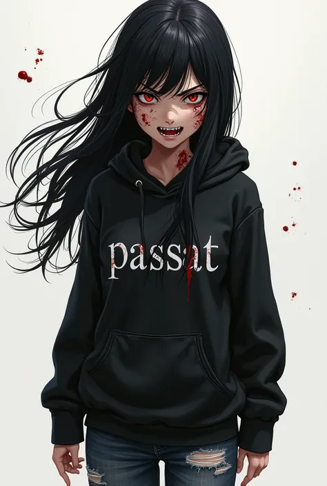  anime girl with black long  , wearing a black hoodie with the words “passat” on her hoodie in tight jeans. face scratched in blood ,  leuclopastors on her face 
angry face in anger , clothes are torn  
