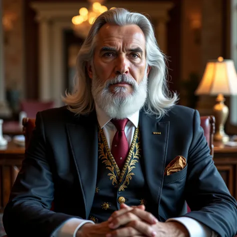 A powerful and imposing older man with long silver hair and a well-groomed white beard, embodying the presence of a modern Zeus. He has a stern, commanding expression and wears an elegant dark navy three-piece suit with a gold-accented vest and a deep red ...