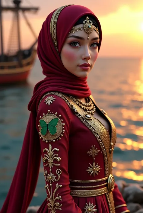 created a hyper realistic 3d image of a woman 30 years old with maroon hijab,dresses and pirate captain jackets decorated in maroon colors,with ~ZISA~name on her arm,green butterfly logo,clothing features intricate gold and green designs and jewellery,gold...