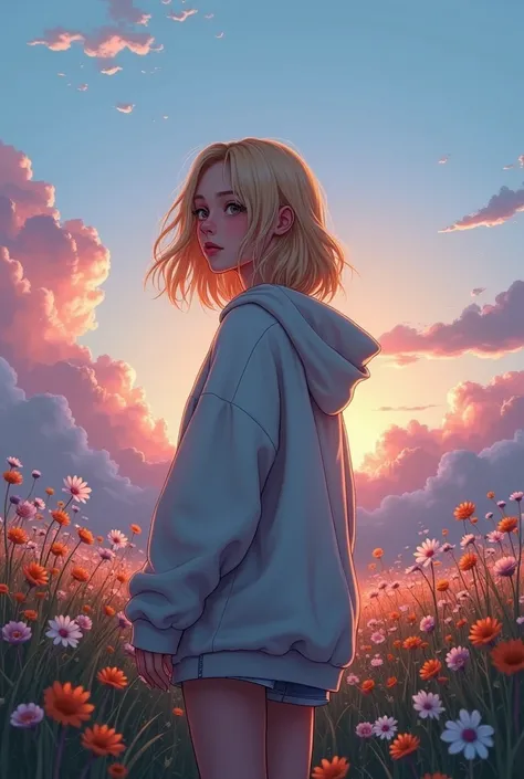 You generate a ager with an oversize sweatshirt with medium hair so with a little long shouldered blonde and she stands with her back to a meadow full of flowers and there are clouds and a slight blue sky but there is a sunset sky blue pink purple and a bi...