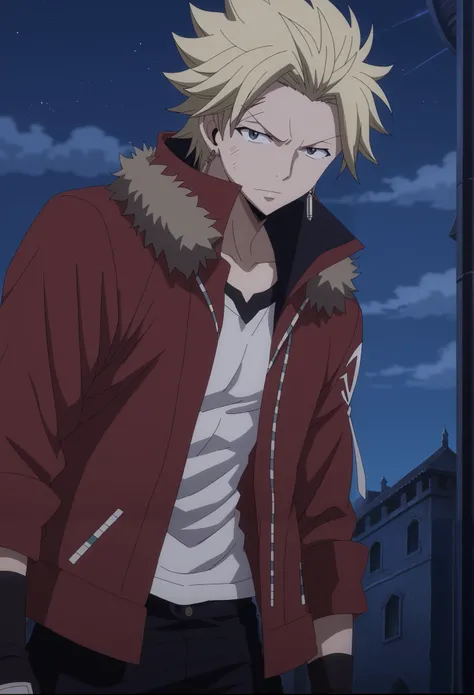 looking at viewer, score_9, score_8_up, score_7_up, source_anime, StingFT, Sting blonde hair, light yellow Sting, 1boy, male focus, anime screencap, dark night sky background with soft shadows, soft blue lighting highlighting his features, high-quality ani...