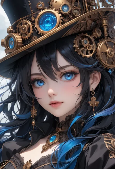 steampunk princess, pale skin, dark hair, facial closeup, vibrant blue colors, black dress and hat, (masterpiece, absolutely resolution, incredibly absurdres, very aesthetic, very aesthetic details, insanely detailed, ultra detailed, intricately detailed a...