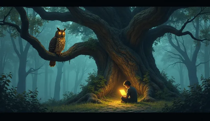 A mystical twilight forest with an ancient oak tree. An owl with glowing golden eyes perches on a branch. A  sit ons below, staring at a bright screen.