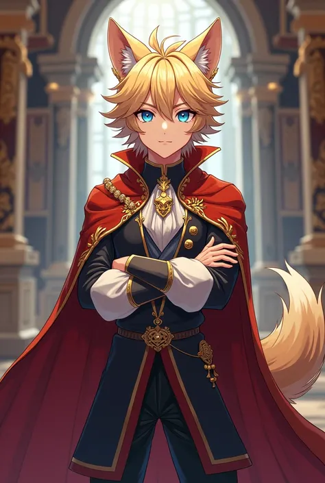 Anime anthro wolf boy with blonde hair and blue eyes, dressed as a prince