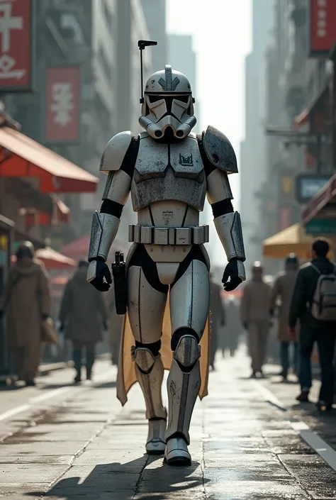 A phase 2 clone trooper, grey markings on armor and a wolf insignia on helmet, moving through a city street.