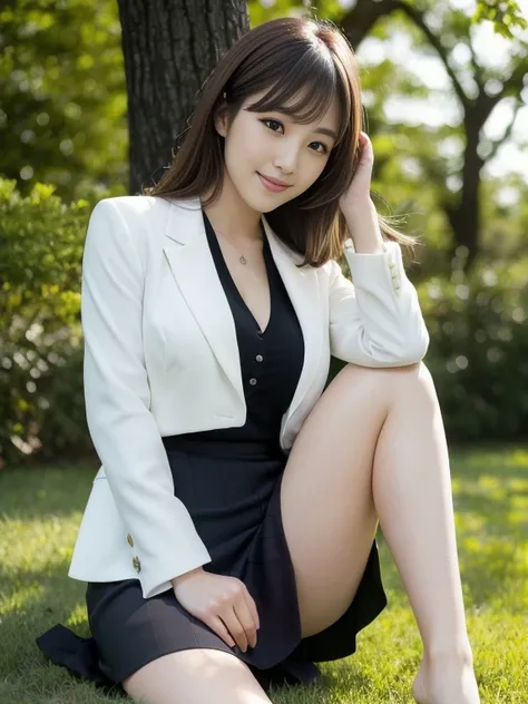 ultra-detailed, high-resolution, realistic skin texture, soft lighting, cinematic depth of field
A beautiful 20-year-old Japanese woman with a model-like figure and large breasts, sitting on the grass in a park. She is wearing a black micro-mini tight skir...