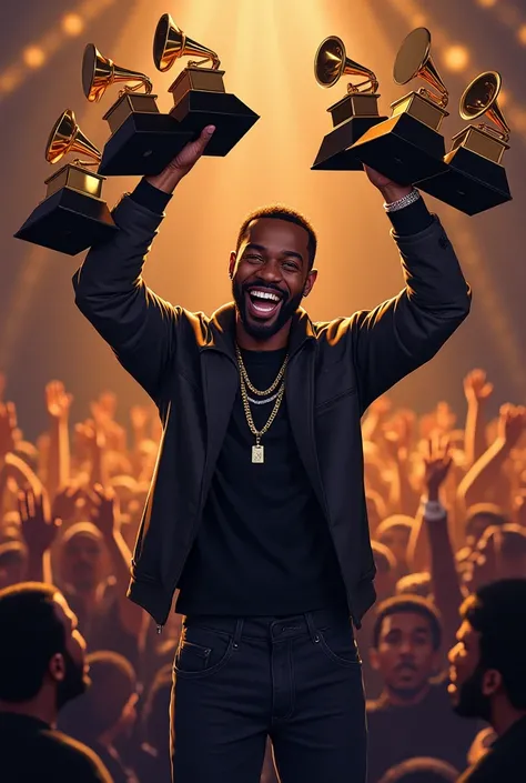 
"Illustrate a powerful moment of Kendrick Lamar on stage at the 2018 Grammy Awards, holding five golden Grammy trophies. The background should show a roaring audience and bright stage lights. Zoom in on Kendrick’s face, radiating pride and determination. ...