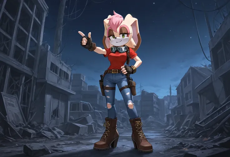 Vanilla The Rabbit, 1girl, short hair, sideways mouth, hedgehog girl, green eyes, furry female, animal nose, hairband,animal ears, boots, gloves, hedgehog, smile, furry, eyelashes, pink fur, sidelocks, body fur, jeans, torn jeans, jeans pants, boots, black...