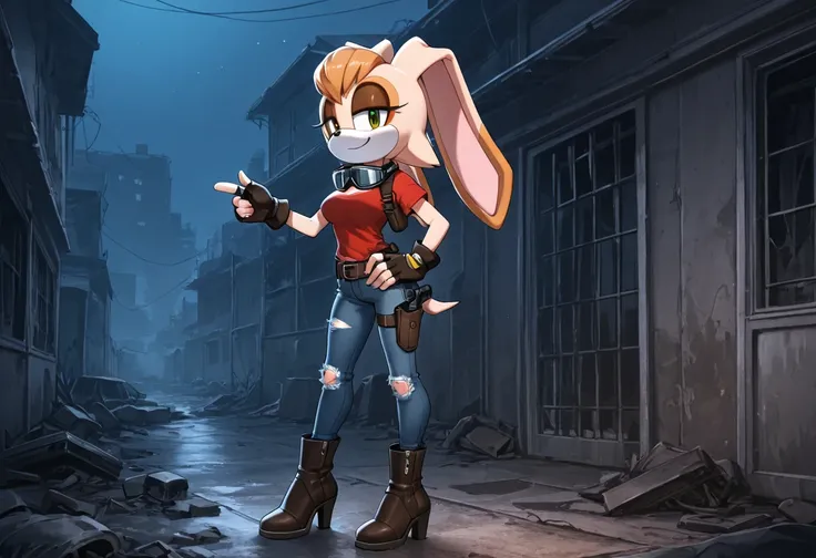 Vanilla The Rabbit, 1girl, short hair, sideways mouth, hedgehog girl, green eyes, furry female, animal nose, hairband,animal ears, boots, gloves, hedgehog, smile, furry, eyelashes, pink fur, sidelocks, body fur, jeans, torn jeans, jeans pants, boots, black...