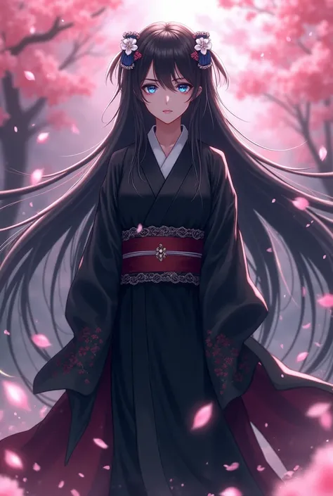 "4K anime style quality, digital drawing mode, a regal and composed female soul reaper with long flowing black hair adorned with white hairpins, icy blue eyes, and an aura of nobility, wearing a black haori with cherry blossom patterns over her elegant shi...