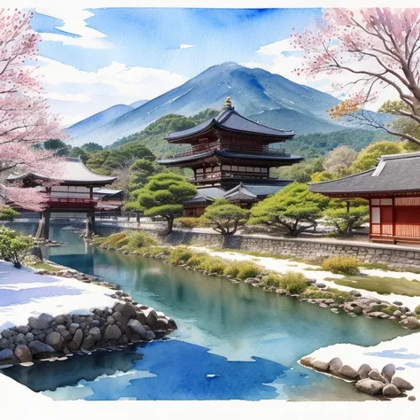 (   Masterpiece:1.2,    top quality ),(  very detailed ),(((watercolor))),8k,   wallpaper, 冬のKyoto,snow. Kyoto,   blue sky,(((   Ghibli style   ))),透明watercolor