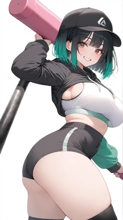 solo, ( girl), ( Masterpiece),  ( Anatomically Correct ), ( black and jade gradient colored hair:1.5),  bob cut hair, Thick thighs, fuzzy jade colored hoodie, (( black spats)),  white sports bra,(( white background)),  standing picture,  Smile ,  Brown Eye...