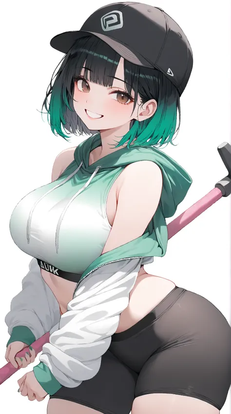 solo, ( girl), ( Masterpiece),  ( Anatomically Correct ), ( black and jade gradient colored hair:1.5),  bob cut hair, Thick thighs, fuzzy jade colored hoodie, (( black spats)),  white sports bra,(( white background)),  standing picture,  Smile ,  Brown Eye...