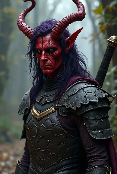 Create a Tiefling with branching horns, Red skin, completely black eyes, pupils and whites with purple-black hair in light quilted armor, with a sword on his back.