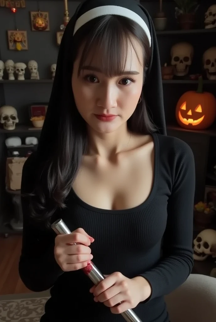 Young Korean woman, realistic, masterpiece, cinematic quality, deep focus, smooth skin, facial details, clear focus, light hitting her skin makes her stand out (natural light, night light), natural breasts, she is wearing a tight nun outfit, holding a bloo...