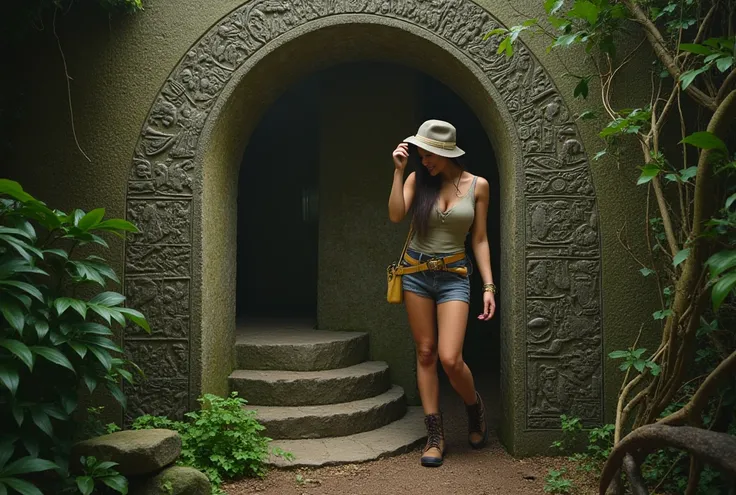 a cute woman (age 25, cute, sexy explorer, utility belt, short rugged boots, broad felt hat) she is exploring haunted ruins deep in the jungle, strange alien glyphs decorate the walls as well as odd alien tentacle creature reliefs, show her head to toe