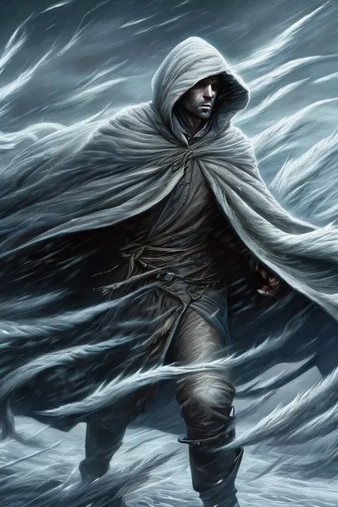 man in cape  ,stands in a strong wind,Cold, cold wind,  in luis royostyle, fantasy , , Masterpiece , quality Accuracy,  Masterpiece ,  High detail, fright, fear of death , icy wind ,  hands are drawn,Точность,  in detail, hood, 