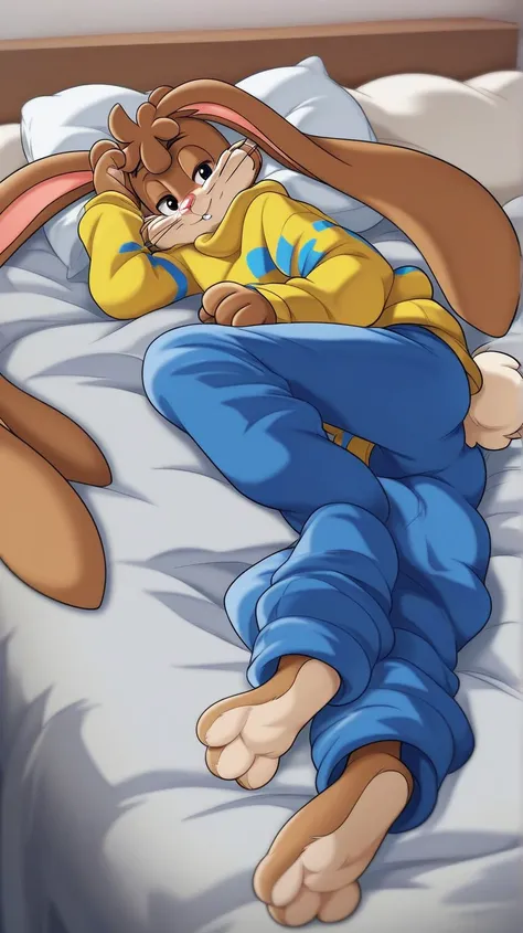 zPDXL3,quicky,4 fingers,brown fur, blue pants, yellow winter sweater, French style, sitting down on the bed in the bedroom, young 25 year old adult, 6 feet tall, cute version of quicky, cute rabbit hair, furry, rabbit, male, femboy, slim,solo,looking_at_vi...