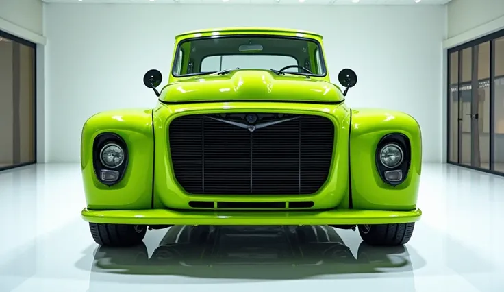 Front) view of painted (shiny  lime green) with shiny clour ( ford f series) with in a  Luxury bright showroom with white gleamy floor Quality,with two rectumgular exahust “ with very low suspension of car that touches showroom surface Super Detailed, and ...