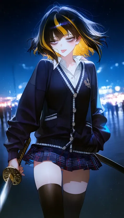 1girl, au (d elete), rella, liduke, pigeon666, reoen, dark blue theme, night, depth of field, cinematic, motion blur, masterpiece, best quality, good quality, newest, medium hair, (gold hair), ((highlights hair, black  streaked hair)), ( himecut hair), bag...