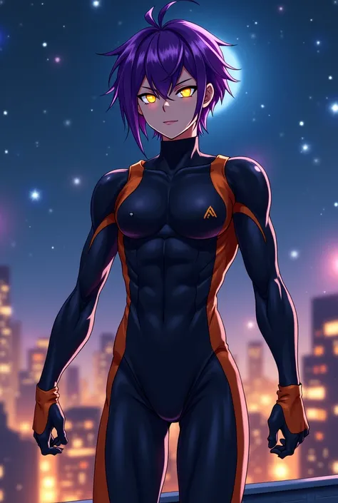 "4K anime style quality, digital drawing mode, a swift and agile soul reaper with short purple hair, sharp golden eyes filled with mischief, and a toned muscular build, wearing a black bodysuit with orange accents. Standing on a rooftop under a starry nigh...